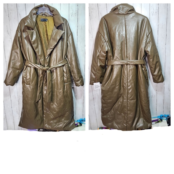 NWOT ASOS Design Women's Leather Look Longline Puffer Dark Olive Green Size 14 - Picture 1 of 8